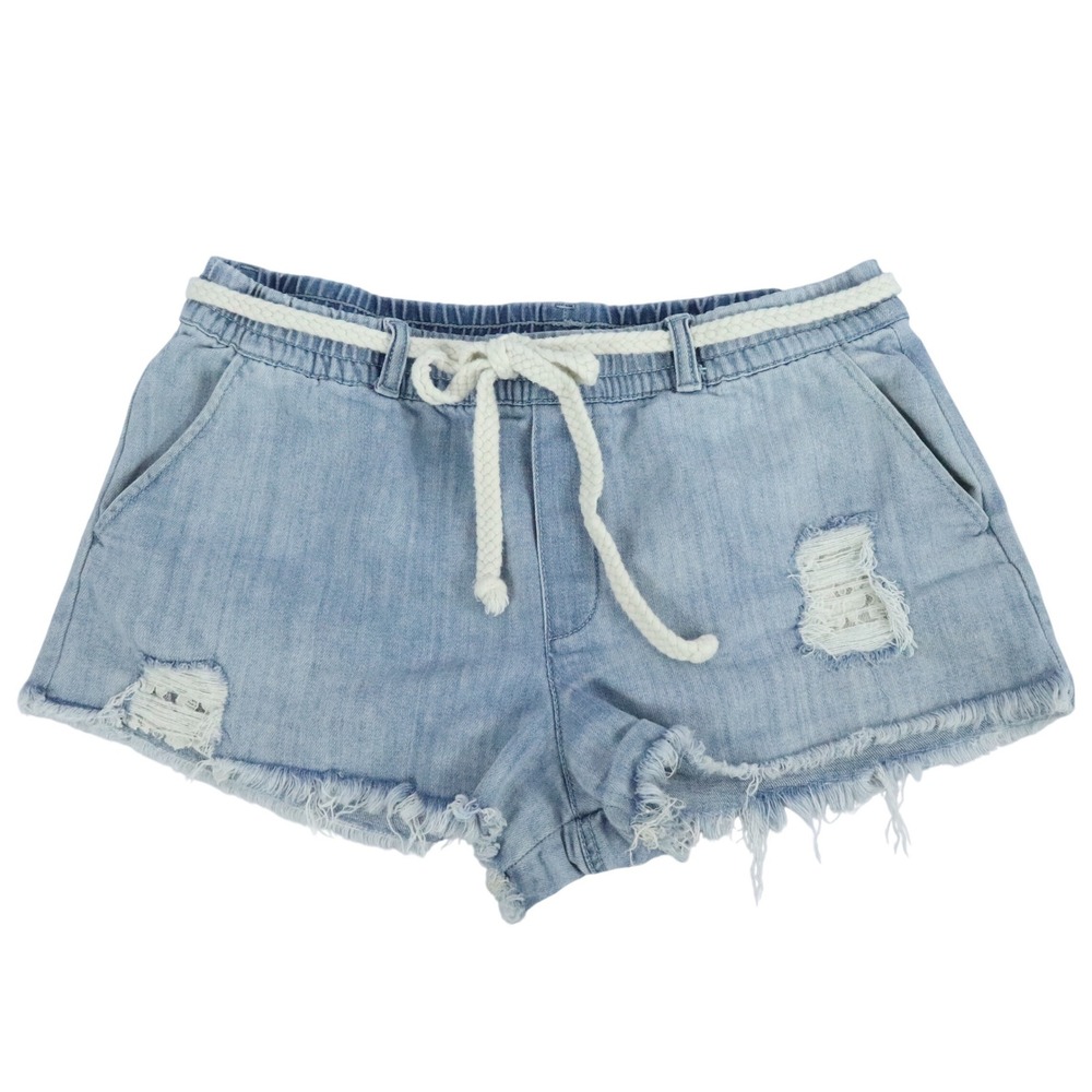Aerie Light Blue Pull On Distressed Frayed Hem Denim Belted Shorts Size Medium